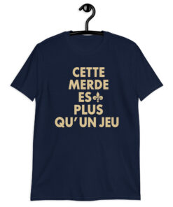 Navy shirt with stacked gold French slogan lettering and a fleur-de-lis beside ES, front view