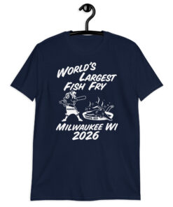 Navy shirt with World's Largest Fish Fry lettering, cartoon cooking scene, and Milwaukee WI 2026 text, front view