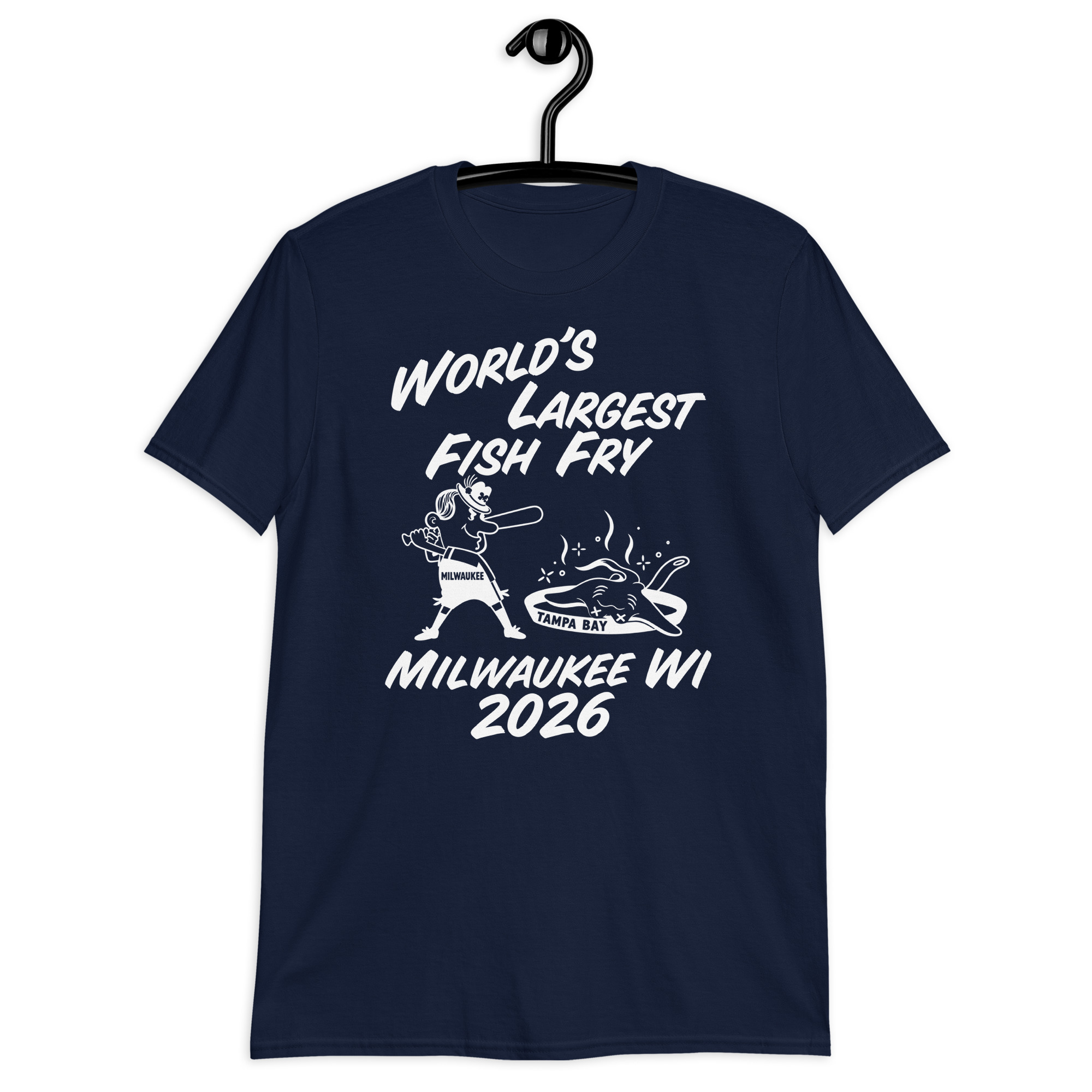 World’s Largest Fish Fry Milwaukee WI 2026 T-Shirt 2 Navy shirt with World's Largest Fish Fry lettering, cartoon cooking scene, and Milwaukee WI 2026 text, front view