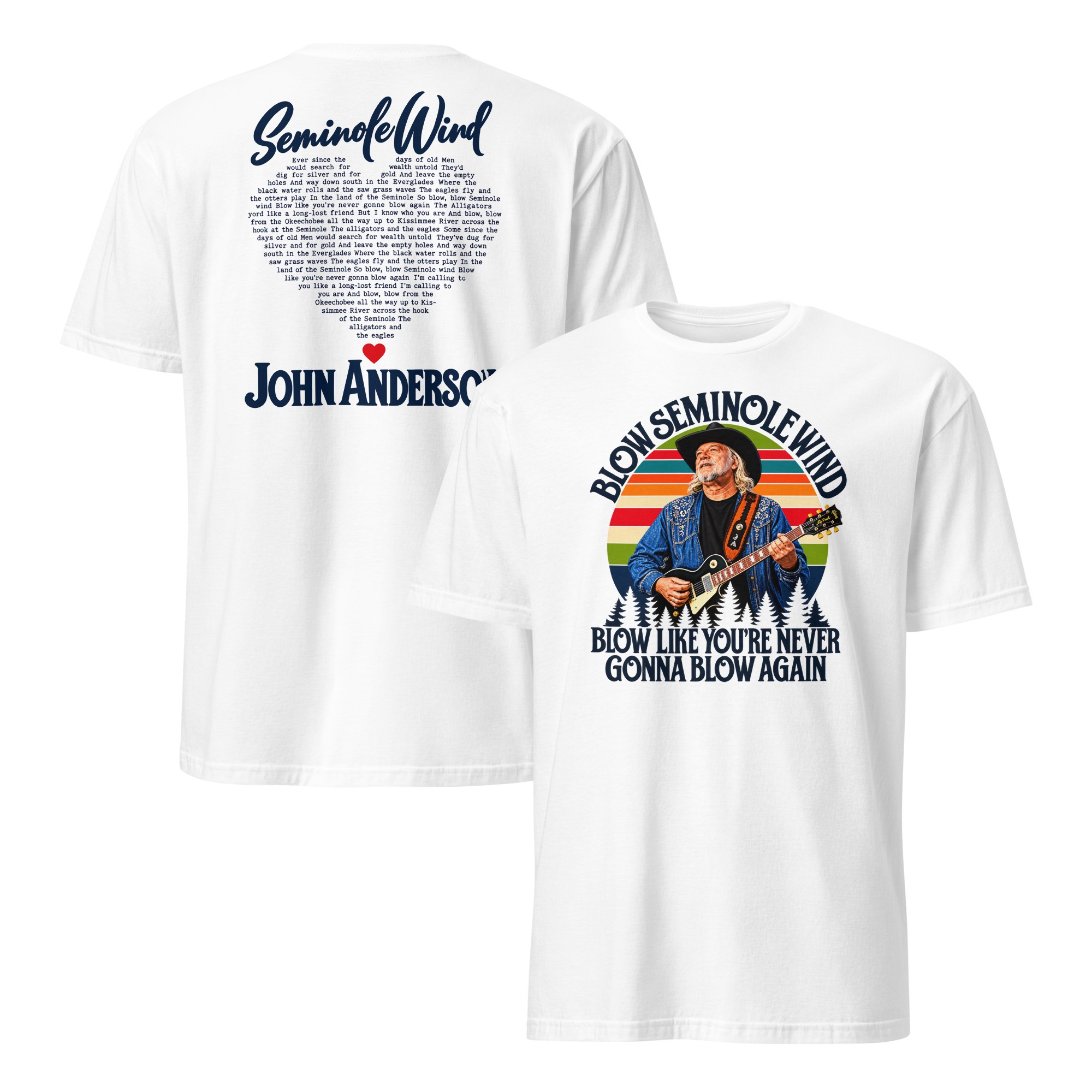 John Anderson Seminole Wind Memorial T-Shirt 1 John Anderson Seminole Wind Memorial T-Shirt in white, front and back product mockup