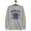 Carbon grey professionally developed raccoon sweatshirt with a navy raccoon raising its hands and Everyone Relax I'm Professionally Developed