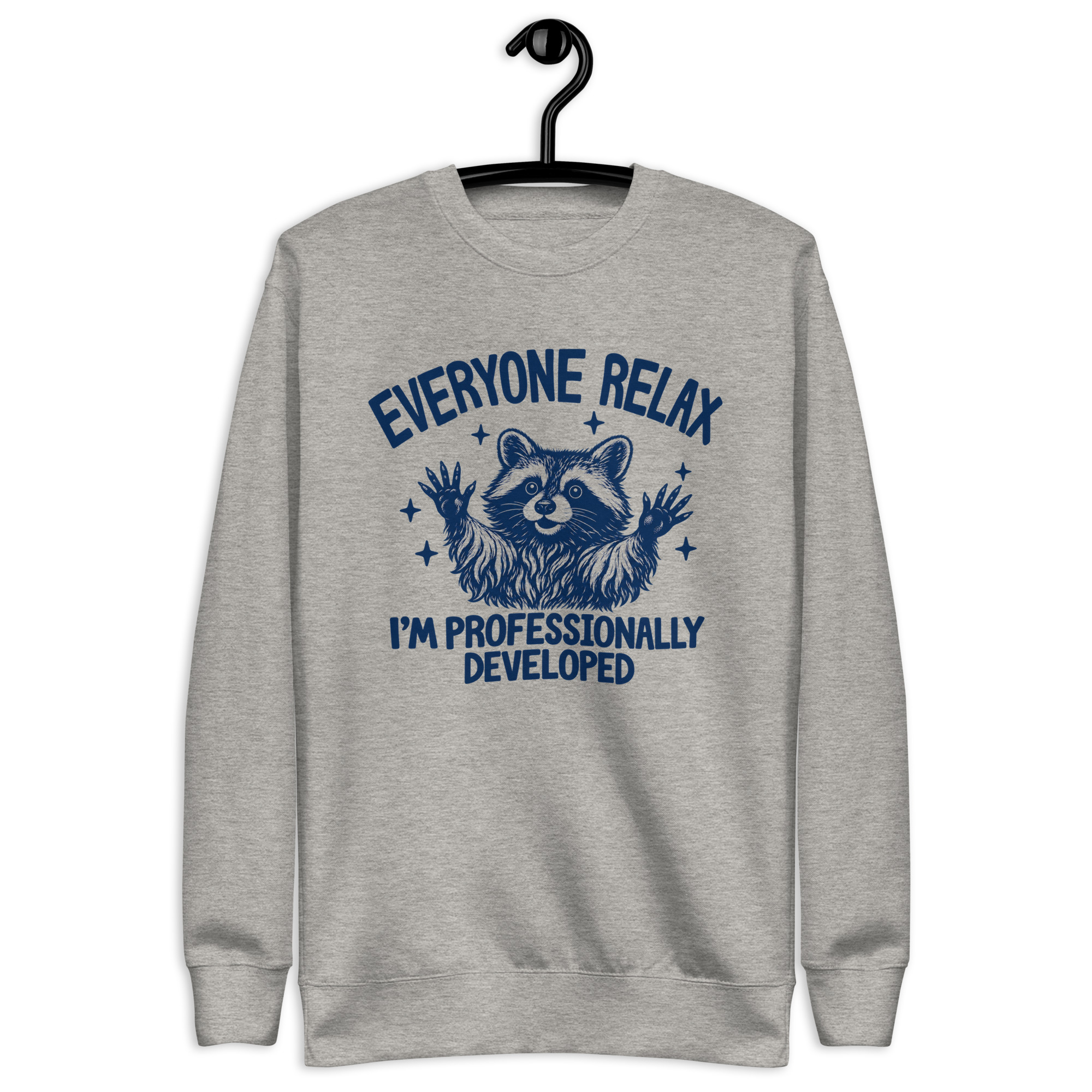 Professionally Developed Raccoon Sweatshirt – Teacher Gift 1 Carbon grey professionally developed raccoon sweatshirt with a navy raccoon raising its hands and Everyone Relax I'm Professionally Developed