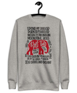 Grey red elephant game day sweatshirt with a crimson elephant surrounded by hand-lettered black words