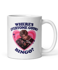 Where's everyone going bingo mug, white mug with a leather-jacket hero aiming a handgun inside a pink heart