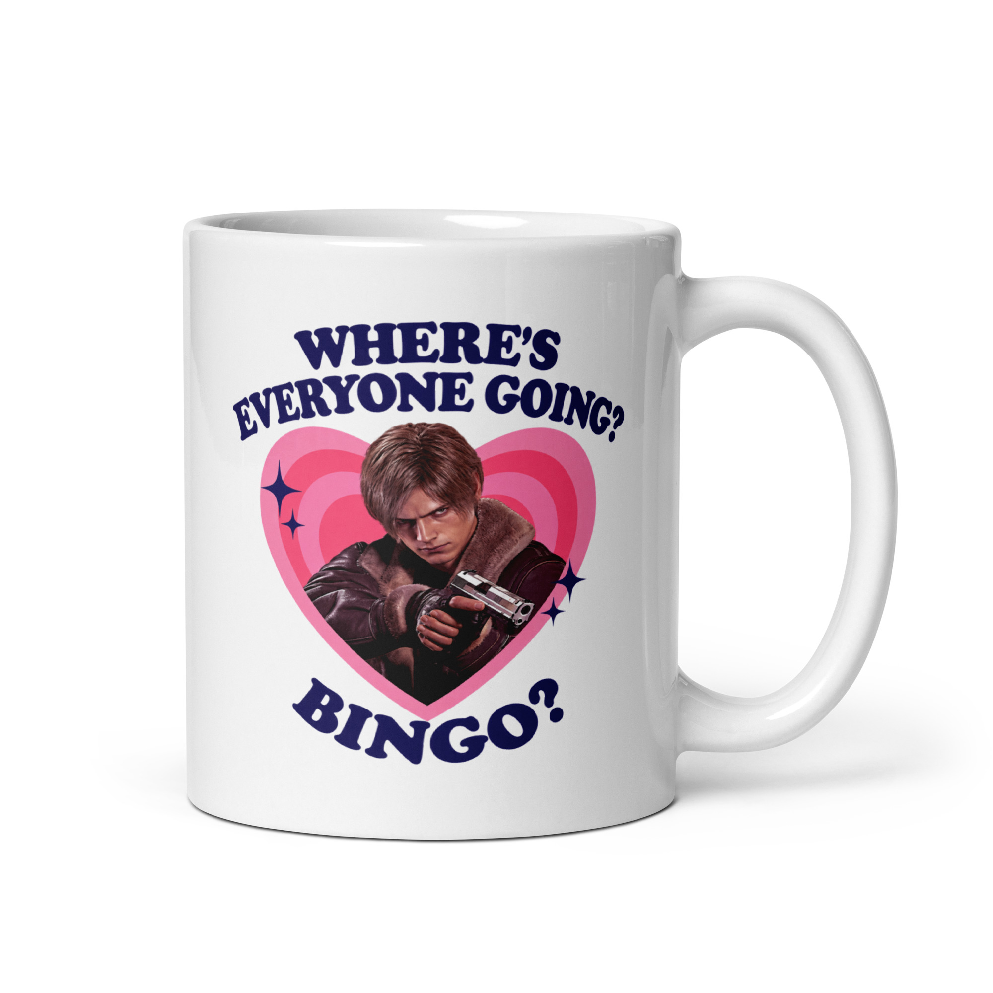Where's Everyone Going Bingo Mug - Funny Gamer Meme Cup 1 Where's everyone going bingo mug, white mug with a leather-jacket hero aiming a handgun inside a pink heart