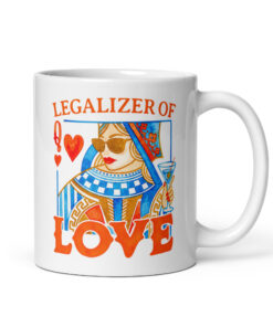 Wedding officiant mug with the words Legalizer of Love and a queen of hearts playing card woman in sunglasses holding a martini