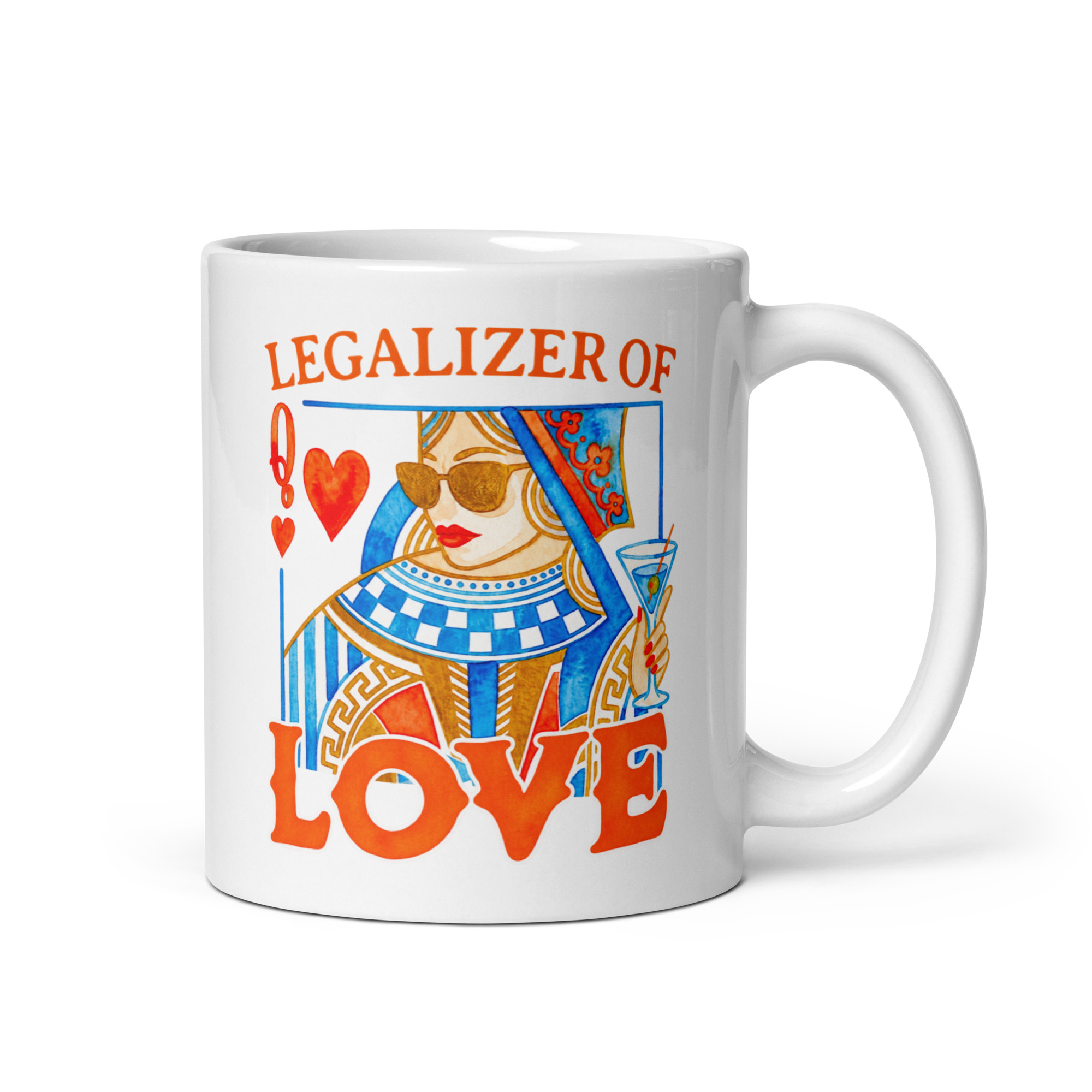Wedding Officiant Mug - Legalizer of Love Queen of Hearts 1 Wedding officiant mug with the words Legalizer of Love and a queen of hearts playing card woman in sunglasses holding a martini