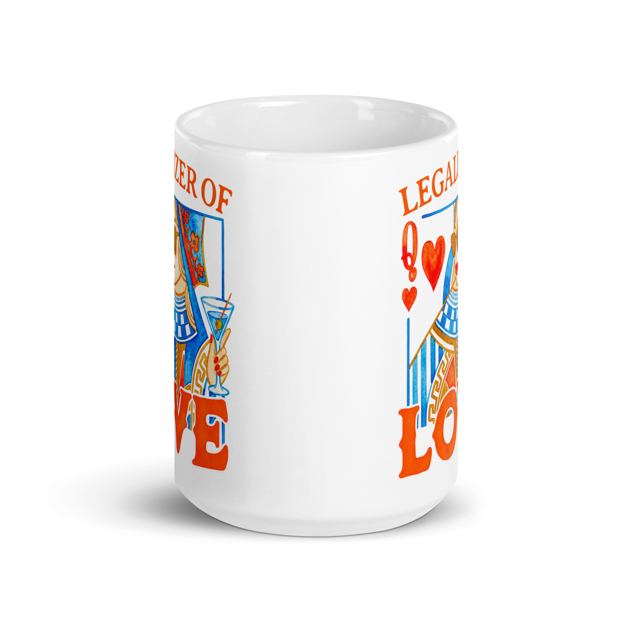 Wedding Officiant Mug - Legalizer of Love Queen of Hearts 6 Wedding Officiant Mug, 15 oz, front view