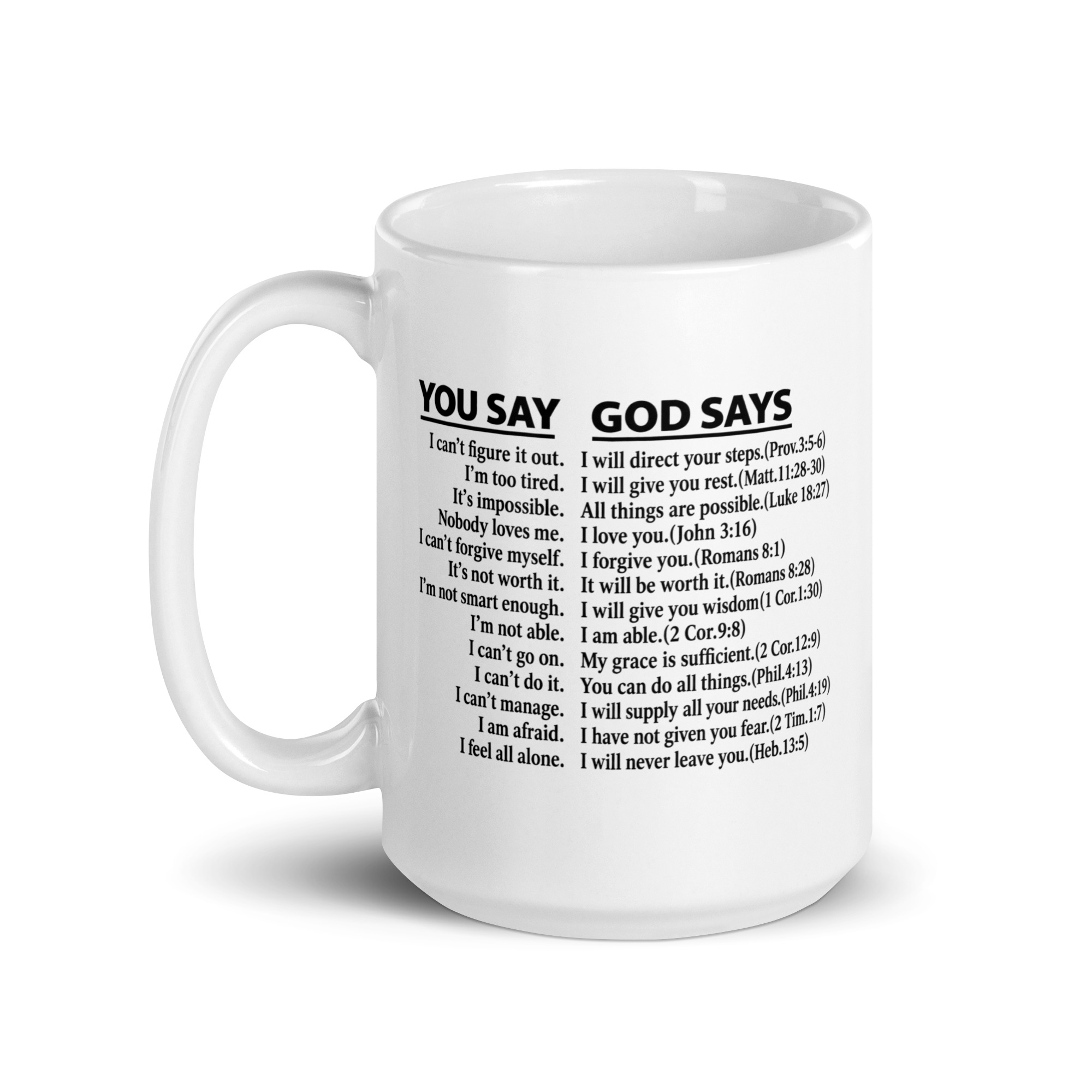 You Say God Says Mug - Bible Verse Christian Coffee Cup 1 You Say God Says Mug, 15 oz, handle on the left